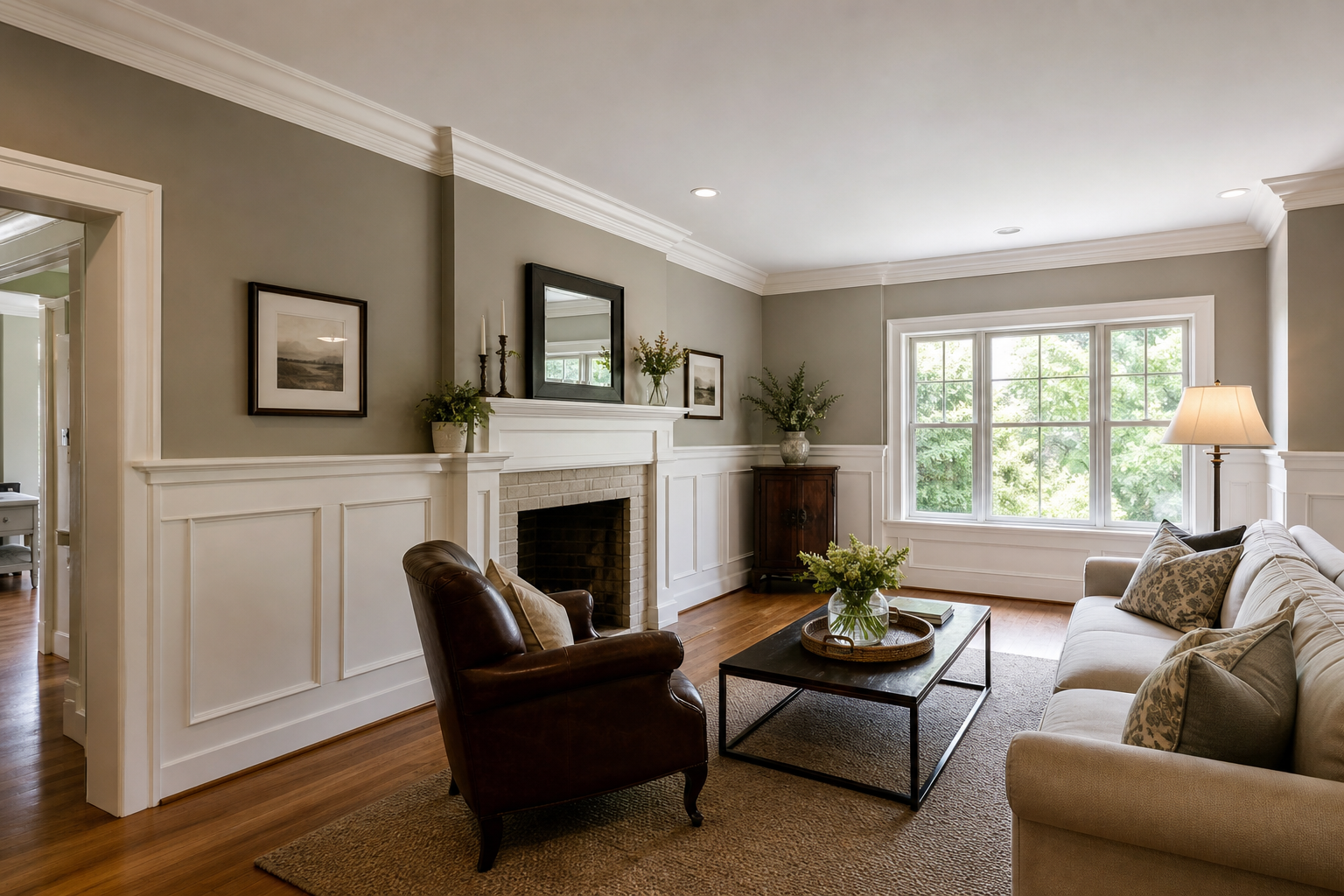 Living room with crown molding and wainscoting, Minneapolis home