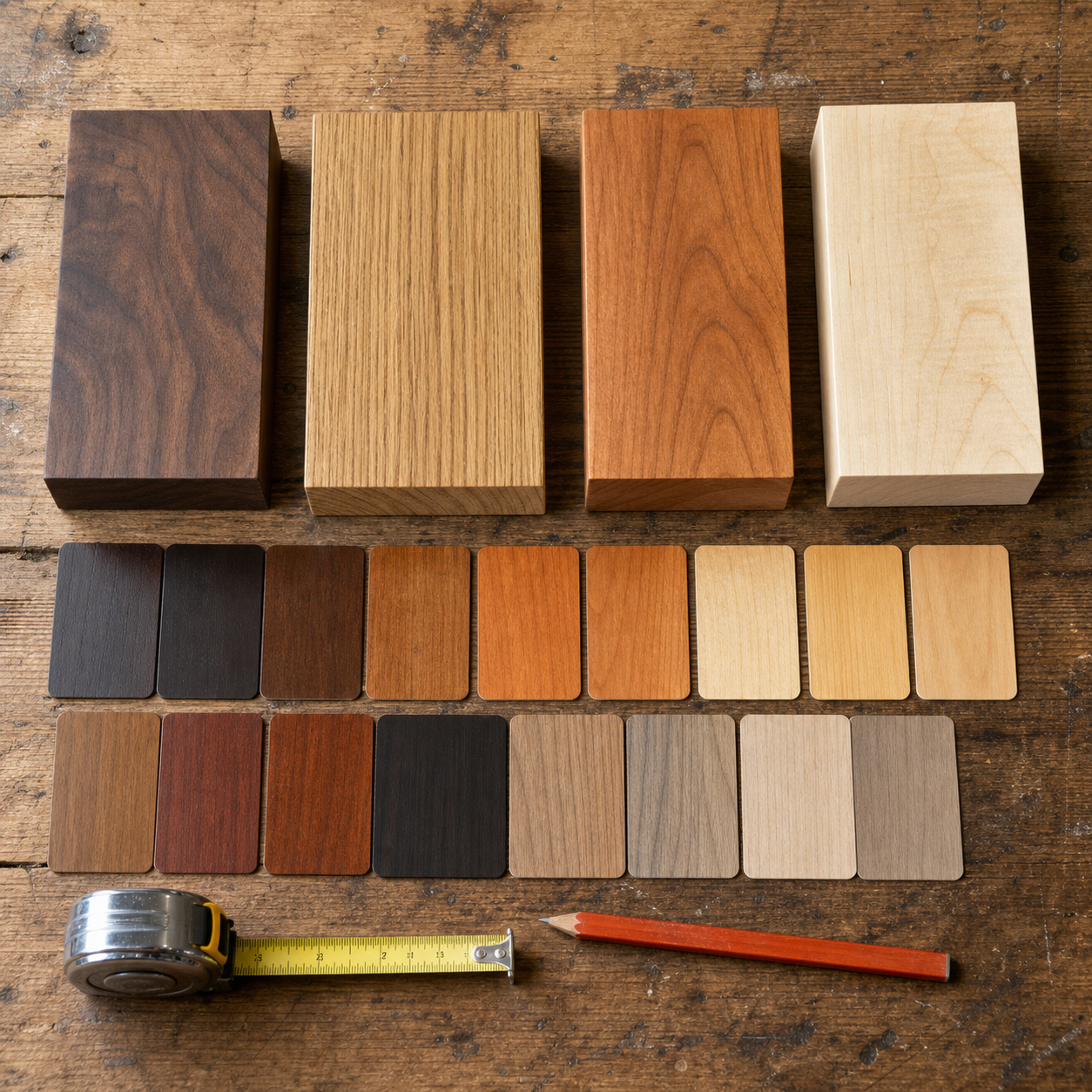Wood species and finish samples on a workbench