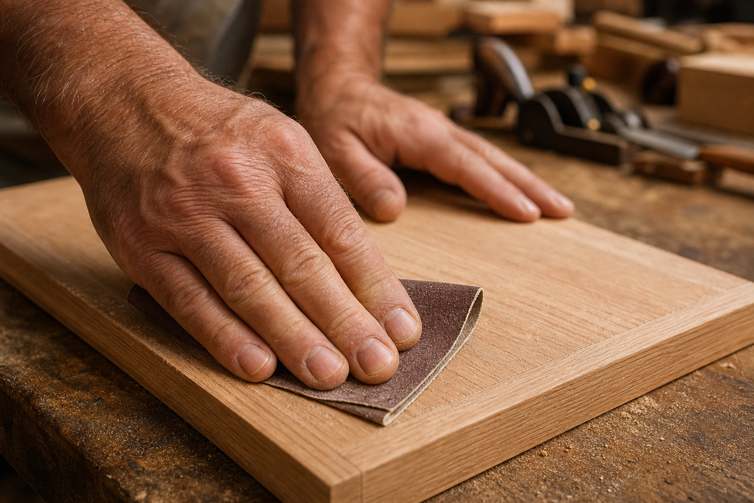 Craftsman hand-sanding a wood panel