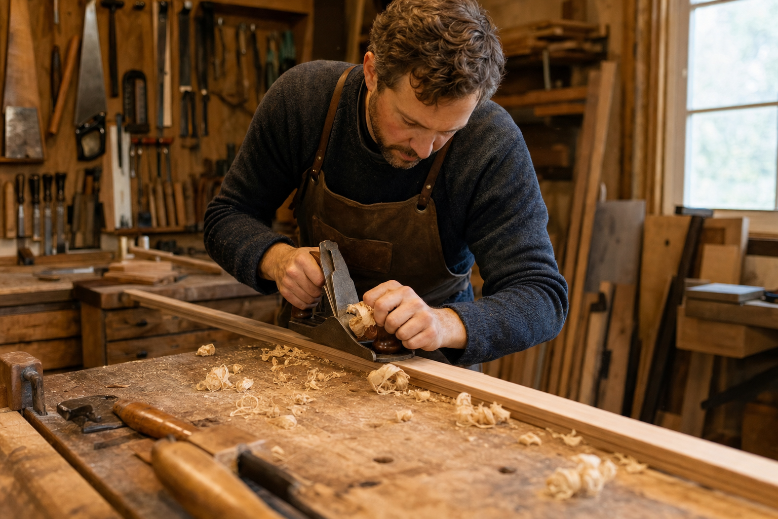 Woodworker planing trim in the Minneapolis workshop